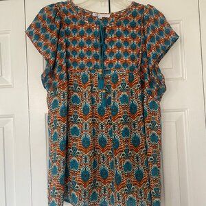 Beautiful DR2 Turquoise & Rust Boho Blouse with Turquoise Tassel Tie Neck Size L